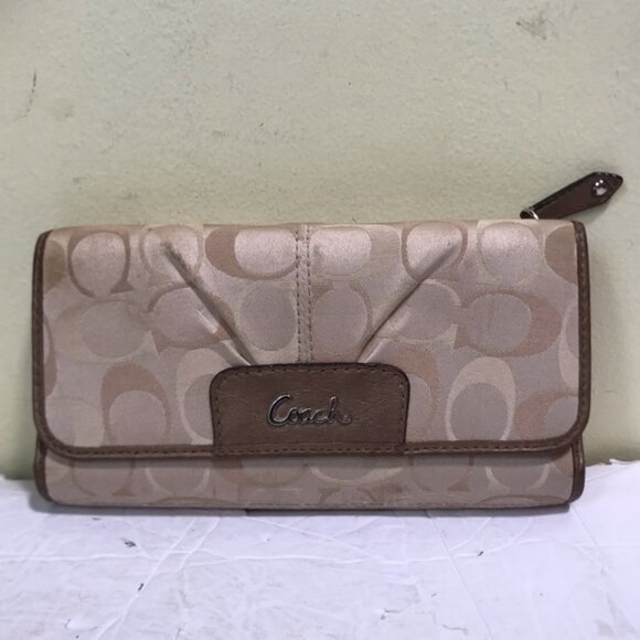 Coach Ashley Signature Wallet Leather Fabric Logo Neutral Organizer Clutch Bag - Picture 1 of 15